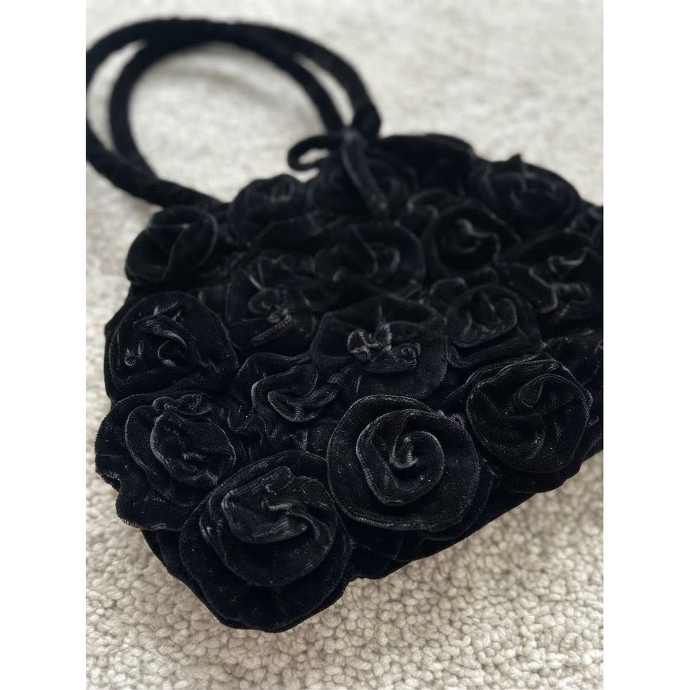 Vintage Black Velvet Rosette Floral Evening Bag 3D Rose Handbag Formal Clutch